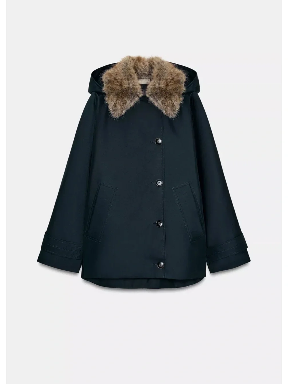 Zara Black Hooded Puffer Coat with Faux Fur Trim